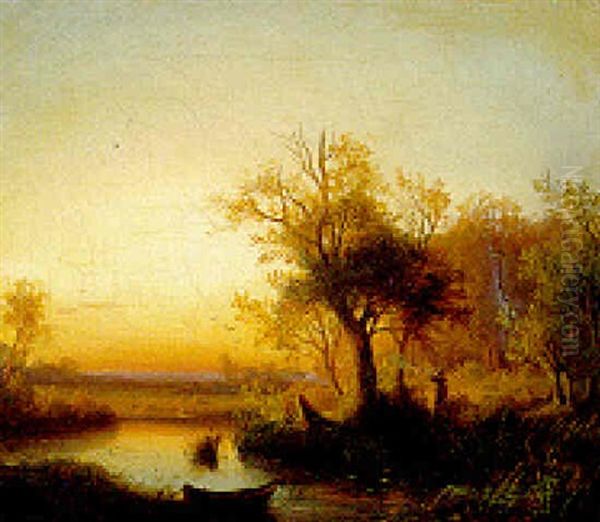 Hunters In A River Landscape Oil Painting by Dietrich Langko