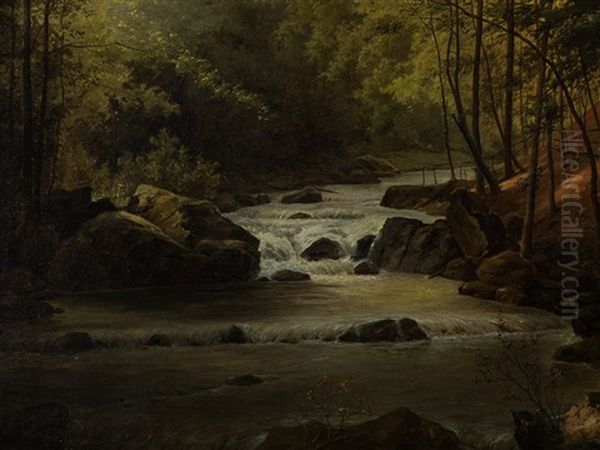 Forest Landscape With River Oil Painting by Joseph Langl