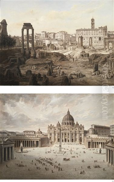 The Roman Forum; And Saint Peter's Square: A Pair Oil Painting by Joseph Langl