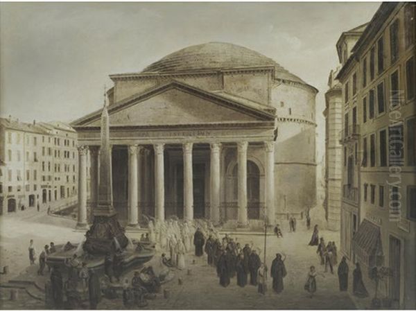 A Procession Passing The Pantheon, Rome Oil Painting by Joseph Langl