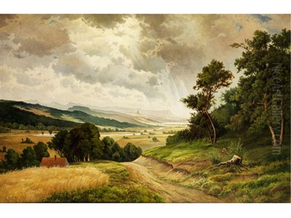 Grosse Flusslandschaft Mit Aufgelichteten Wolken Und Heuernte Im Mittelgrund Oil Painting by Joseph Langl