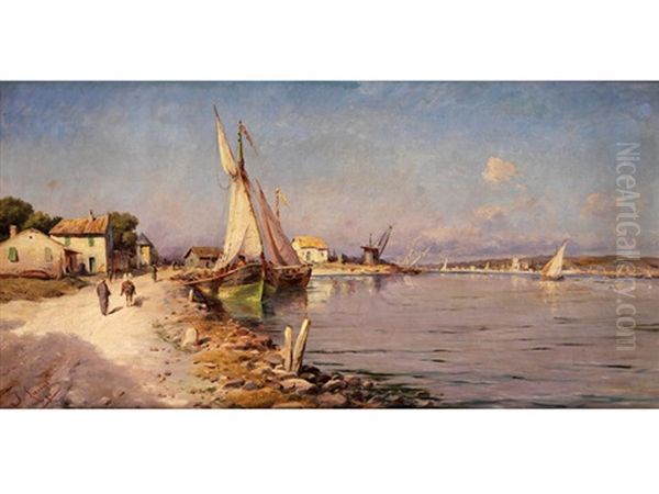 Sudliche Hafenbucht Mit Anliegenden Segelbooten, Bauerlichen Ufergebauden Sowie Figurenstaffage Oil Painting by Joseph Langl