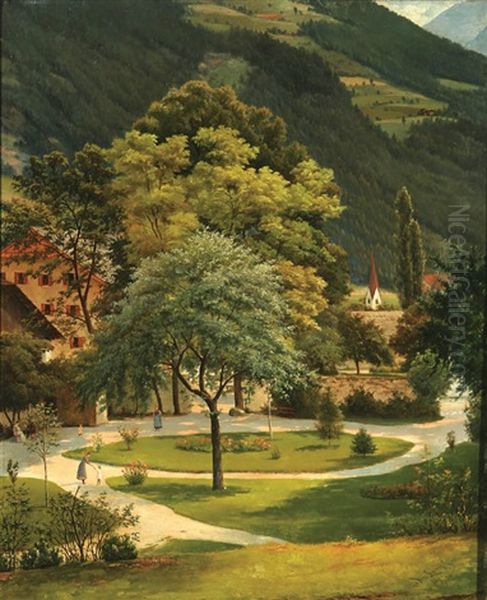 Landscape Of A Park At The Foot Of The Mountains Oil Painting by Joseph Langl