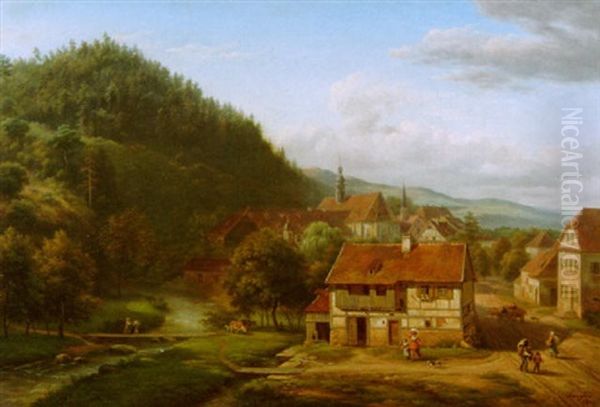 Belebte Szene An Einem Dorfeingang Oil Painting by Jean Baptiste Gabriel Langlace