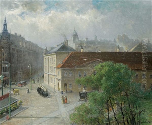 Blick Auf Die Mariahilferstrase, Ecke Messepalast/rahlstiege Oil Painting by Hermine Lang-Laris