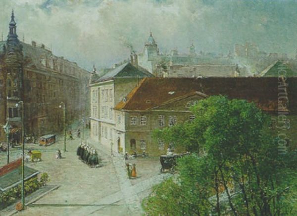 Blick Auf Die Mariahilferstrase, Ecke Messepalast Und Rahlstiege Oil Painting by Hermine Lang-Laris