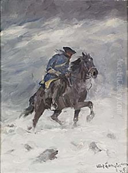 Ridande Karolin I Snostorm Oil Painting by Alexander Langlet