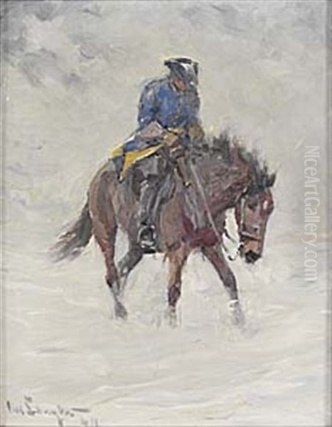 Ridande Karolin I Snostorm Oil Painting by Alexander Langlet