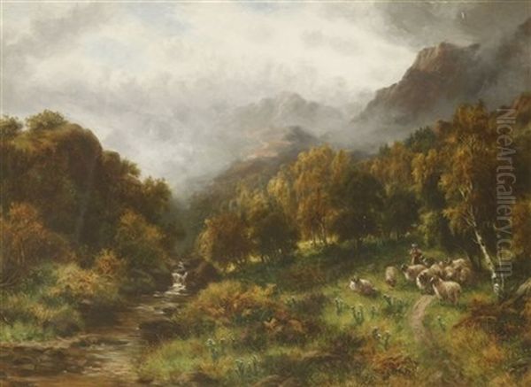 A Highland Landscape With Cattle; A Landscape With A Shepherd And His Flock Oil Painting by William Langley