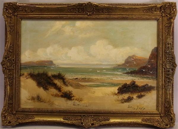 A Tranquil Beach Scene With Seagulls In Flight Oil Painting by William Langley