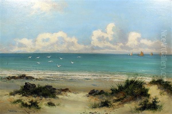 Beach Scene With Boats To Horizon Oil Painting by William Langley