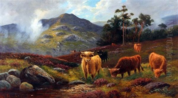 Cattle In Highland Landscape Oil Painting by William Langley