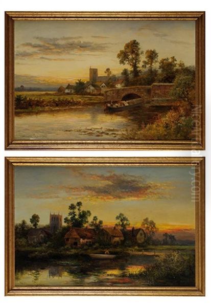 Scenes Of Riverside Villages At Sunset (pair) Oil Painting by William Langley