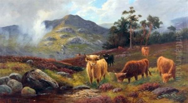 Cattle In Highland Landscape Oil Painting by William Langley