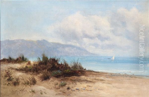 Coastal Scene With Dunes, Mountains And A Ship At The Sea Oil Painting by William Langley