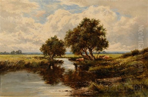 Cows Watering At A Stream Oil Painting by William Langley