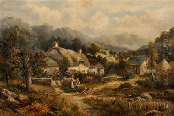 Thatched Cottage With Children Feeding Chickens Oil Painting by William Langley