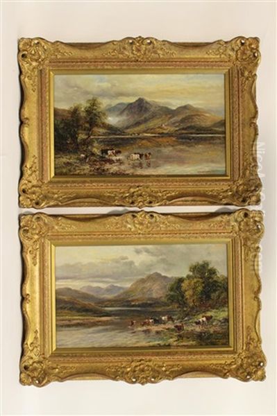 Mountain Scene With Cattle Watering In The Foreground (pair) Oil Painting by William Langley