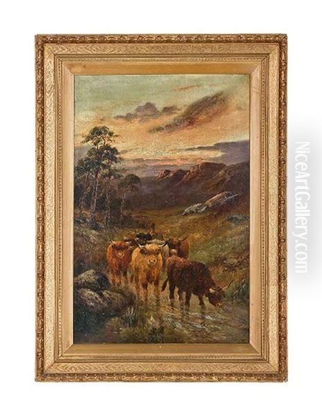 The Herd At Sunset (+ Highland Cattle And Drovers By A Highland Loch; 2 Works) Oil Painting by William Langley