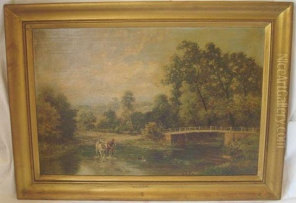 Crossing The Stream And Lakeland Scene (2 Works) Oil Painting by William Langley