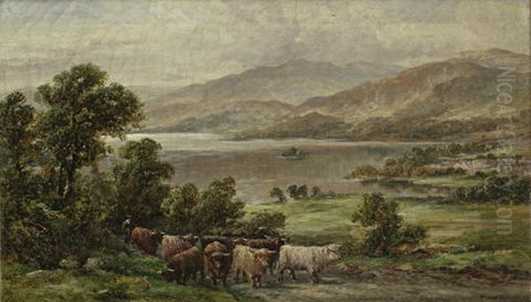 A Drover With Highland Cattle In Front Of A Loch (+ Highland Cattle In A Loch; Pair) Oil Painting by William Langley