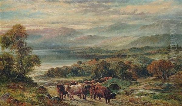 Rinderherde Beim Uberqueren Einer Brucke In Den Highlands Oil Painting by William Langley