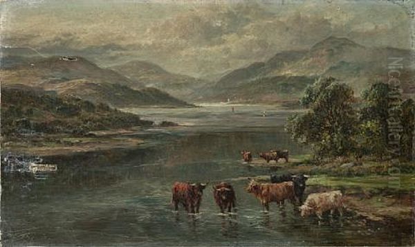 A Drover With Highland Cattle In Front Of A Loch (+ Highland Cattle In A Loch; Pair) Oil Painting by William Langley