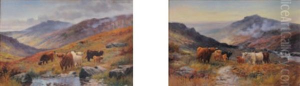 Cattle In The Highlands (+ Another; Pair) Oil Painting by William Langley