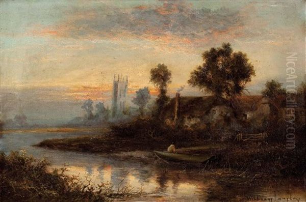 Abend Uber Englischer Flusslandschaft Mit Cottage, Im Hintergrund Eine Dorfkirche Oil Painting by William Langley