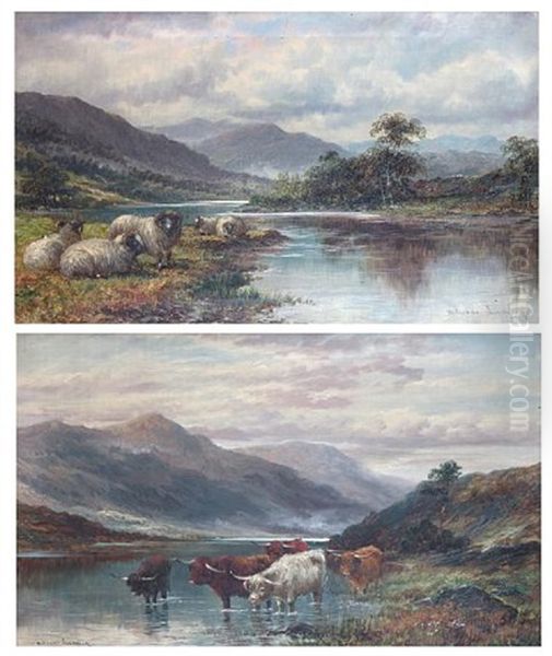 Highland Cattle Watering At The Riverside (+ Sheep At The Waters Edge; Pair) Oil Painting by William Langley