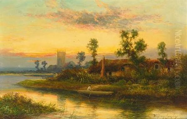 Englische Flusslandschaft Mit Cottage Und Fischer In Seinem Kahn. Kirchdorf Im Hintergrund Oil Painting by William Langley