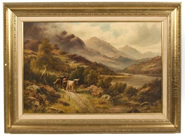 Cattle In A Highland Landscape Oil Painting by William Langley