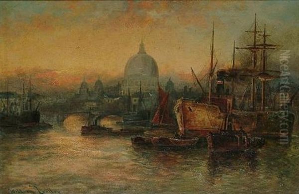 A Busy Thames Scene With St. Paul's Beyond (+ Shipping On The Thames; Pair) Oil Painting by William Langley