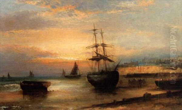 A Sailing Ship In Harbour Oil Painting by William Langley