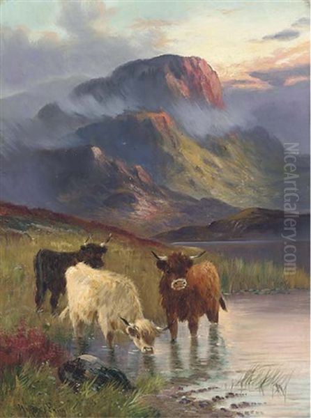 Cattle Watering, Sunset (+ Cattle Grazing, 1919; Pair) Oil Painting by William Langley