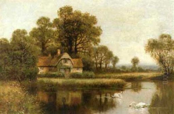 Swans By A Cottage Oil Painting by William Langley