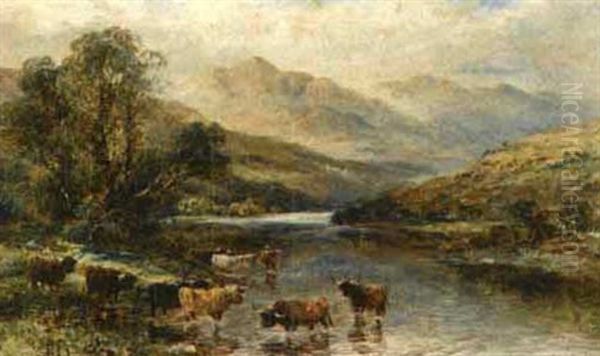 Cattle In A Stream Oil Painting by William Langley