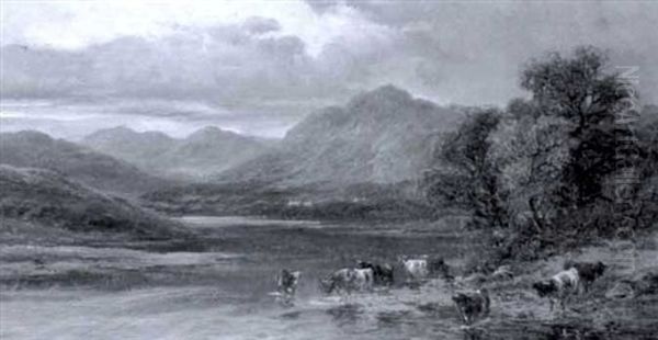 Highland Landscape With Cattle Watering Oil Painting by William Langley