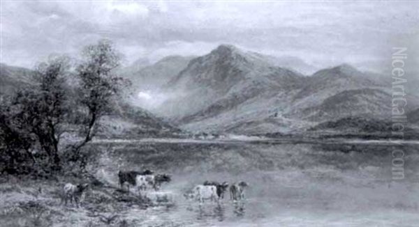 Highland Landscape With Cattle Watering Oil Painting by William Langley