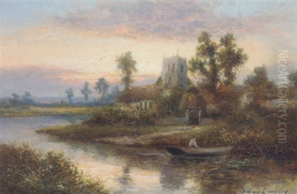 A Figure Punting By A Riverside Hamlet At Dusk Oil Painting by William Langley