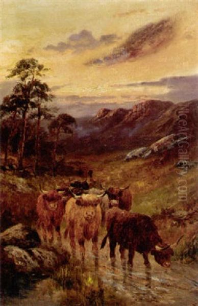 Highland Cattle On A Drove Road Oil Painting by William Langley