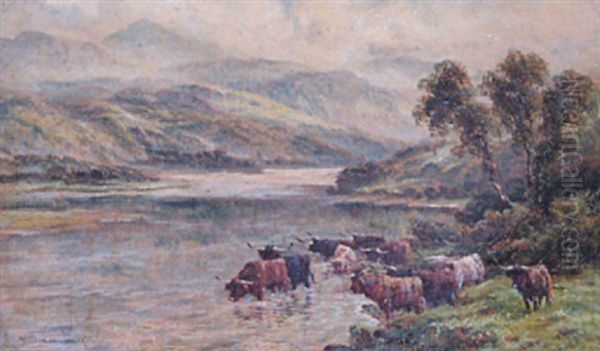 Cattle In Highland Landscape Oil Painting by William Langley