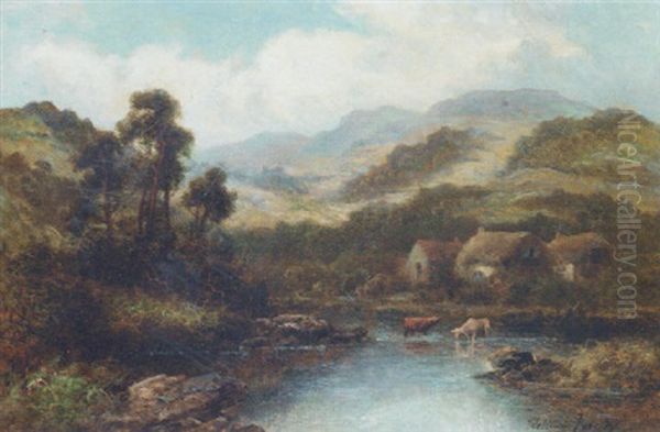 Cattle Watering In A Mountainous Lake Landscape Oil Painting by William Langley