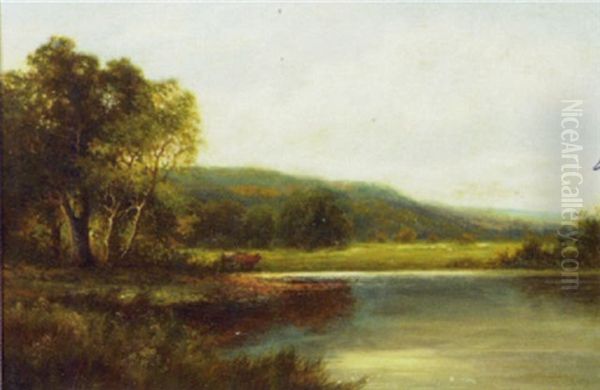 Cattle By A Loch Oil Painting by William Langley