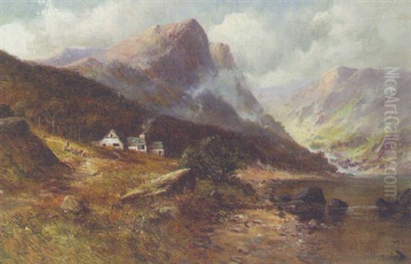 Cottages On The Bank In A Welsh Mountainous Landscape Oil Painting by William Langley