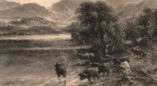 Cattle Watering In A Mountainous Landscape Oil Painting by William Langley