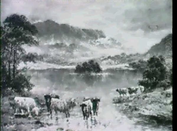 Highland Loch Scenes With Longhorn Cattle                   (a Pair) Oil Painting by William Langley