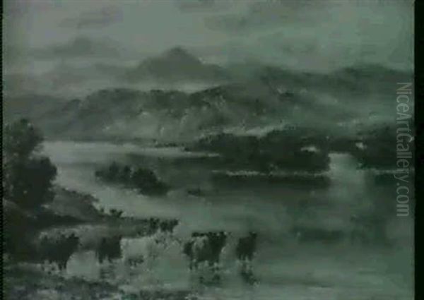 Cattle Watering In Highland Lake Landscapes                 (2) Oil Painting by William Langley