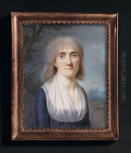 Portrait De Madame Poupard En Robe De Soie Bleue Et Voile De Dentelle Blanc Vue Dans Un Paysage Oil Painting by Eustache Hyacinthe Langlois