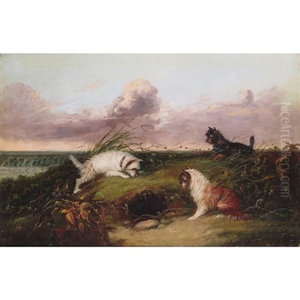 Terriers Rabbiting, Waiting At A Rabbit Hole Oil Painting by J. Langlois